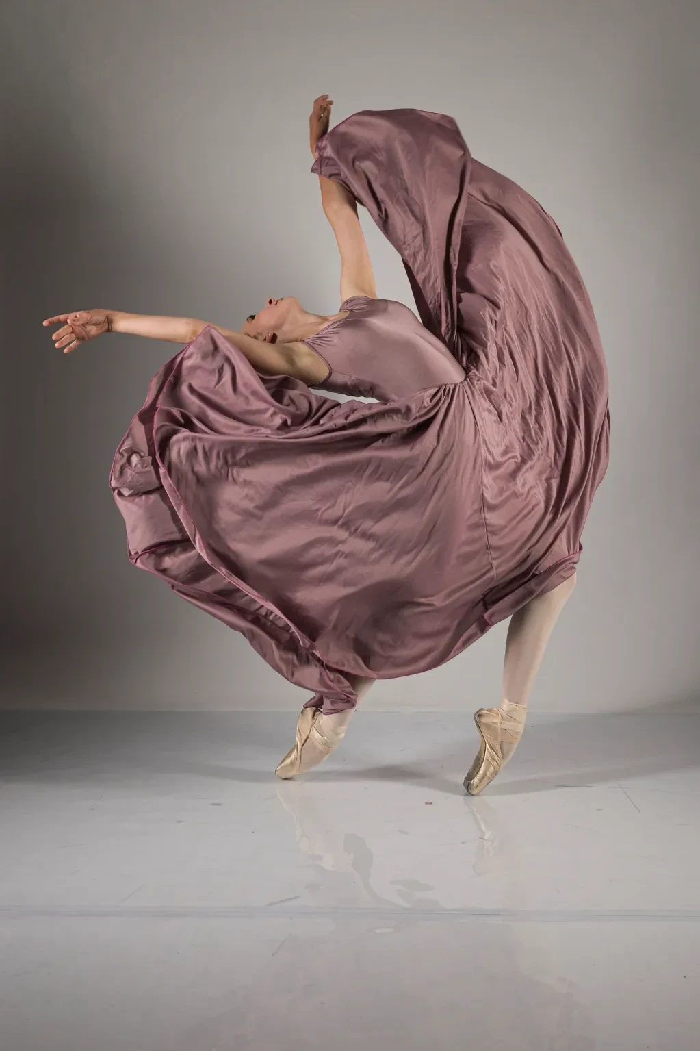 Ballet dancer on pointe in billowing mauve satin dress