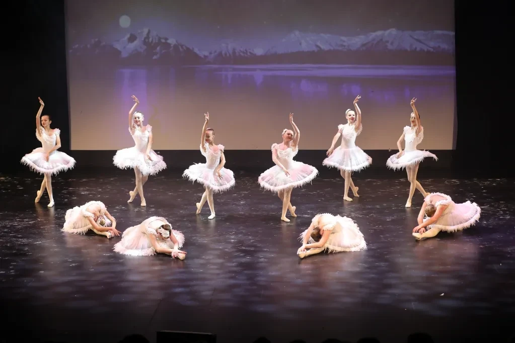 Ballet dancers in white feathered tutus performing Swan Lake on stage
